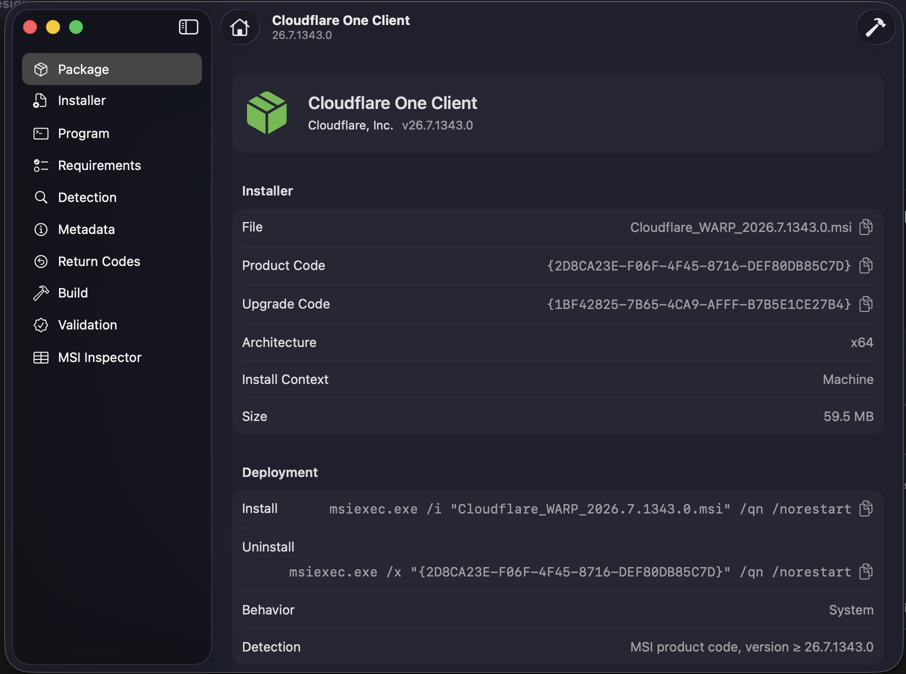 Wintune project workspace showing extracted MSI metadata and deployment commands for the Cloudflare One Client installer